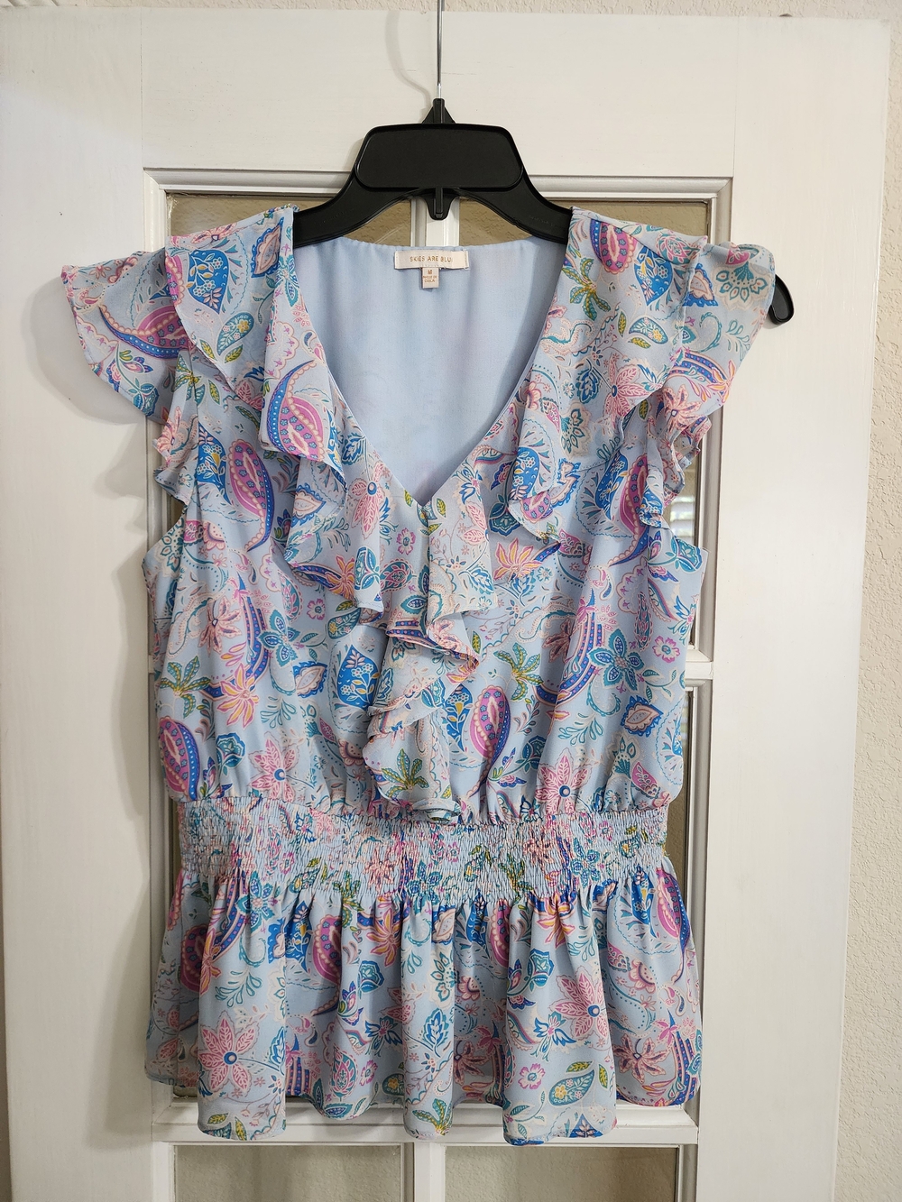 Skies Are Blue Paisley Ruffle Peplum Blouse Smocked Waist Medium